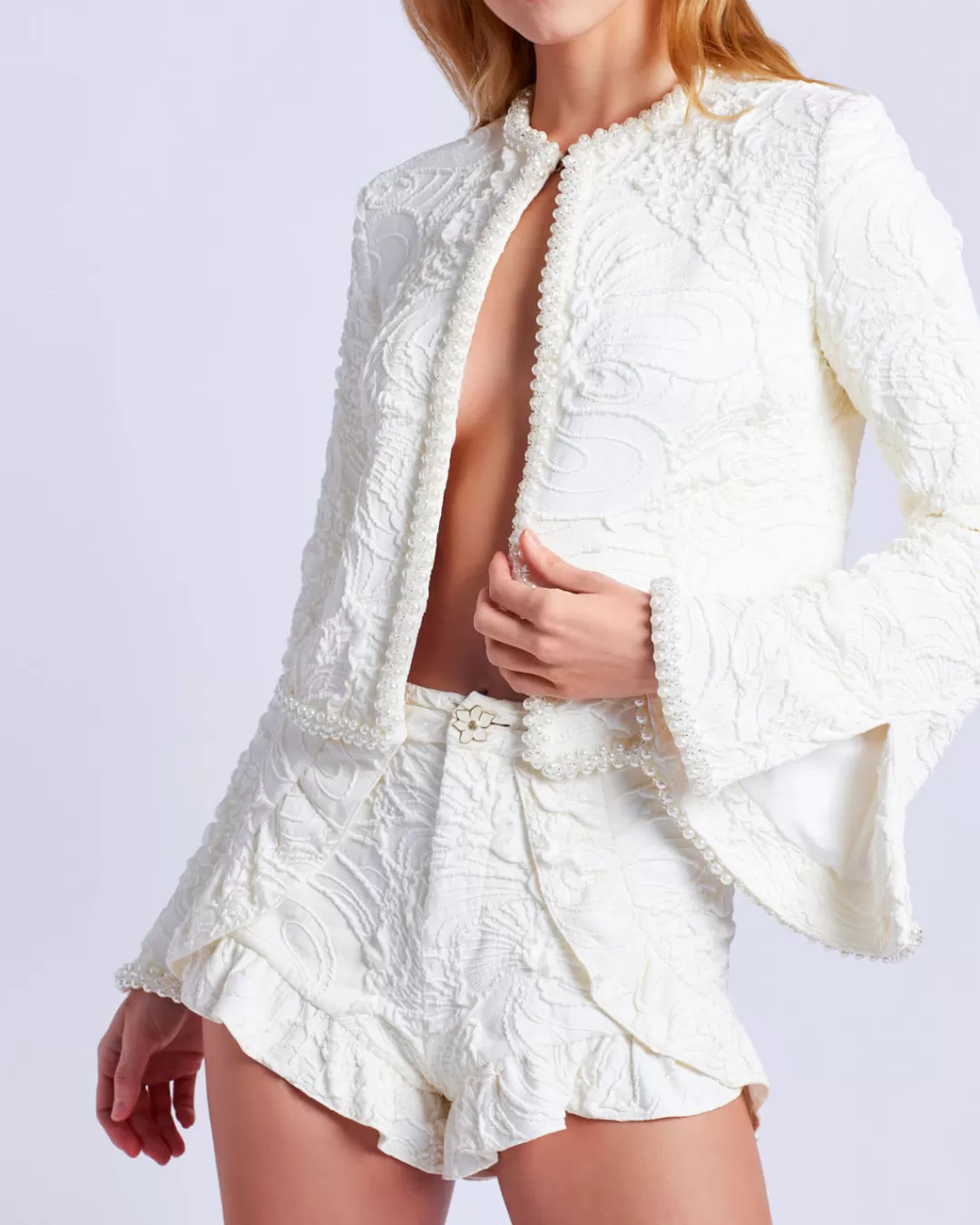 PatBO Pearl-Beaded Jacquard Jacket White Cheap