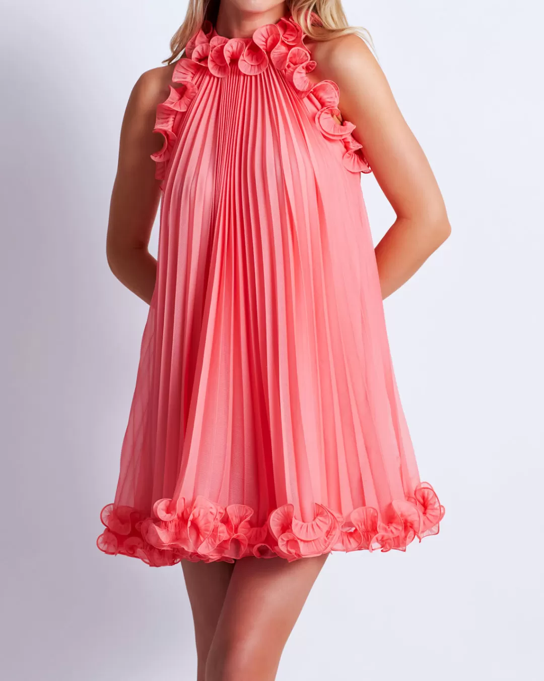 PatBO Pleated High Neck Mini Dress (FINAL SALE) Péche Discount