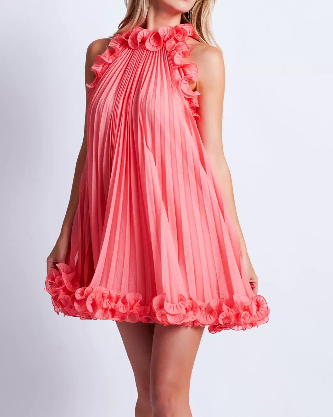 PatBO Pleated High Neck Mini Dress (FINAL SALE) Péche Discount