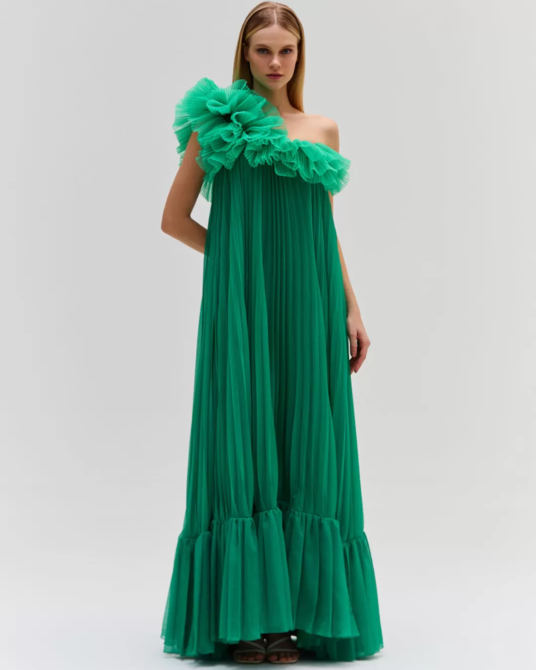 PatBO Pleated One Shoulder Gown (FINAL SALE) Verde Discount