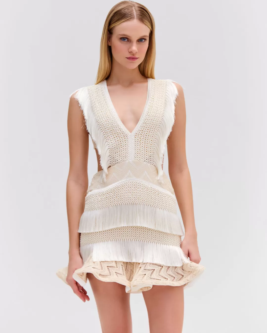 PatBO Plunge Fringe Trim Mini Dress Sandstone Sale