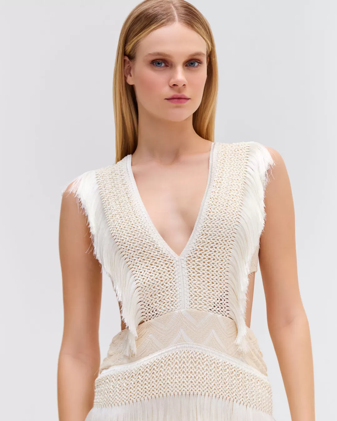 PatBO Plunge Fringe Trim Mini Dress Sandstone Sale