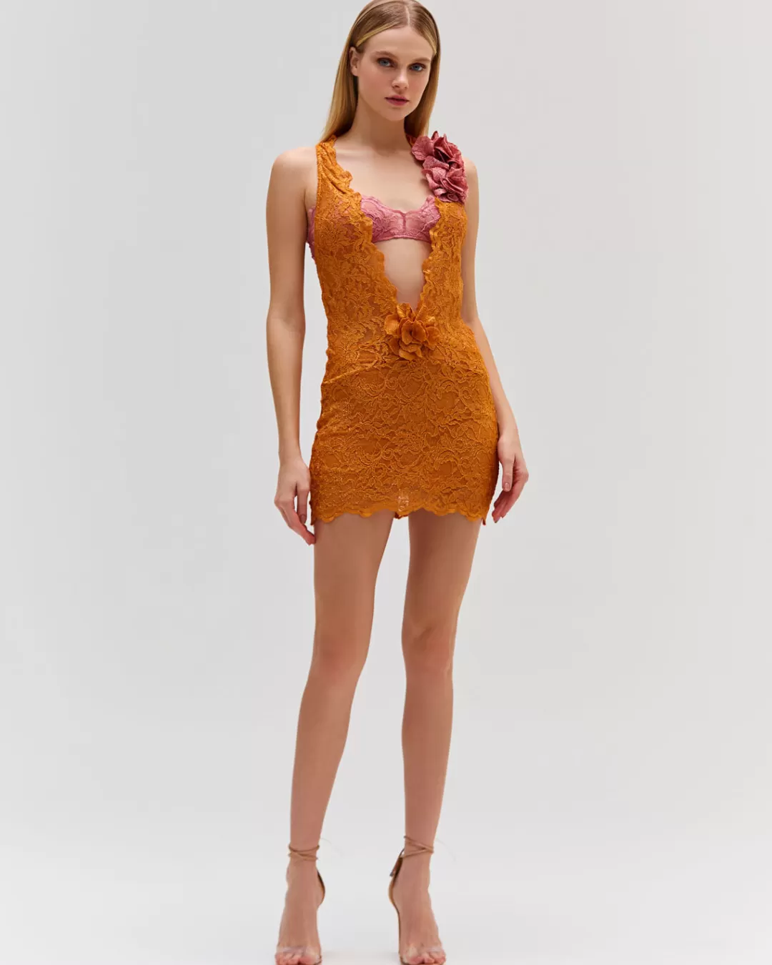 PatBO PLUNGE LACE MINI DRESS (EXCLUSIVE) Tangerine Discount