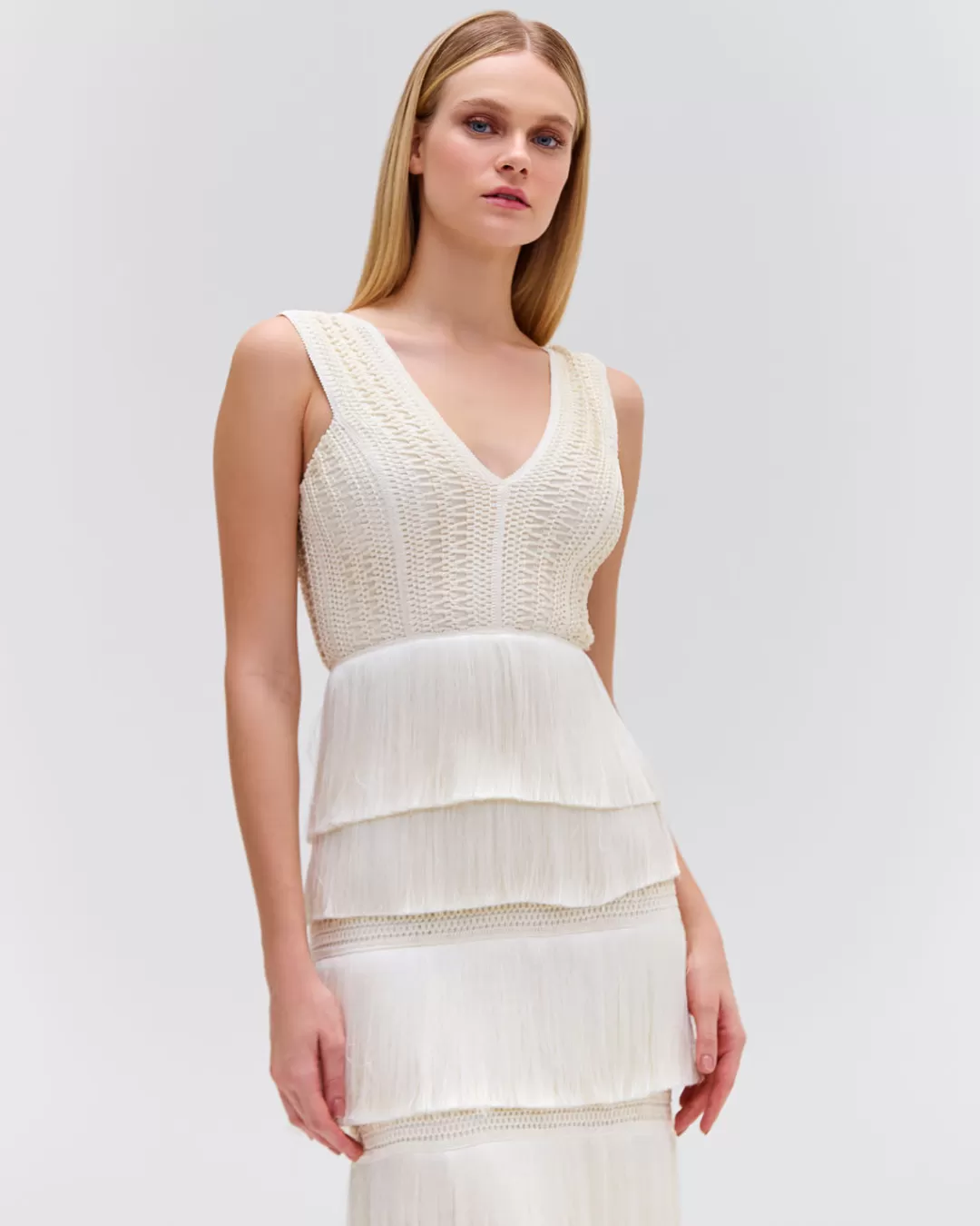 PatBO Plunging Fringe Midi Dress (FINAL SALE) White Flash Sale