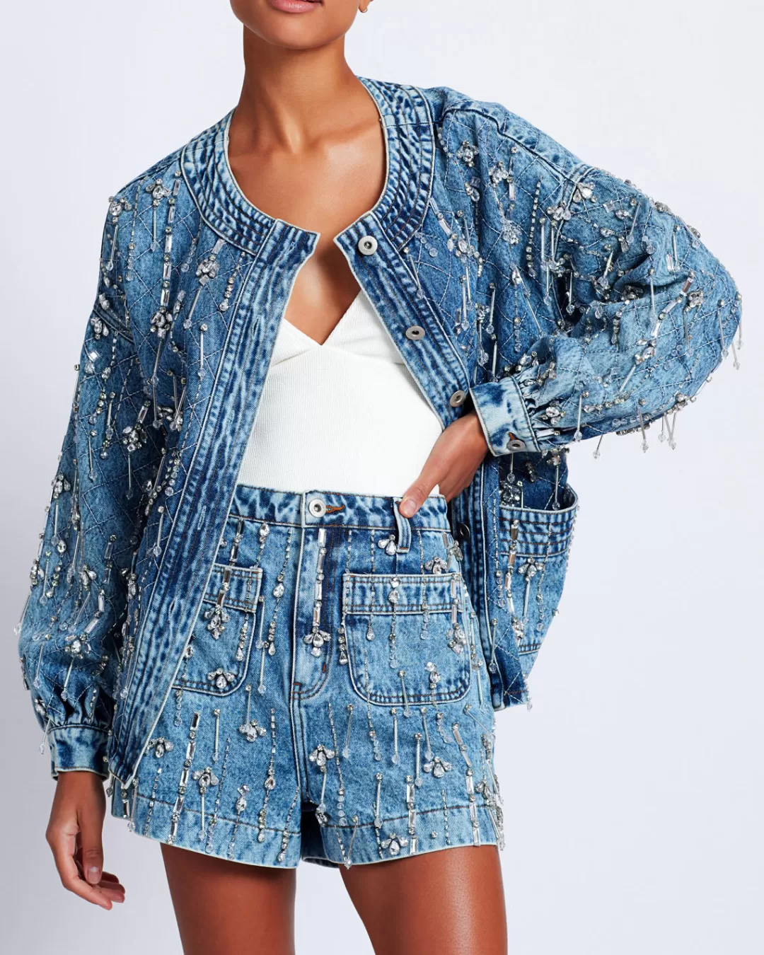 PatBO Rhinestone Beaded Shorts Denim Online