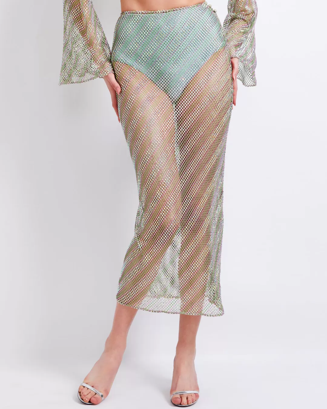 PatBO Rhinestone-Netted Midi Skirt (FINAL SALE) Greenstripe Outlet