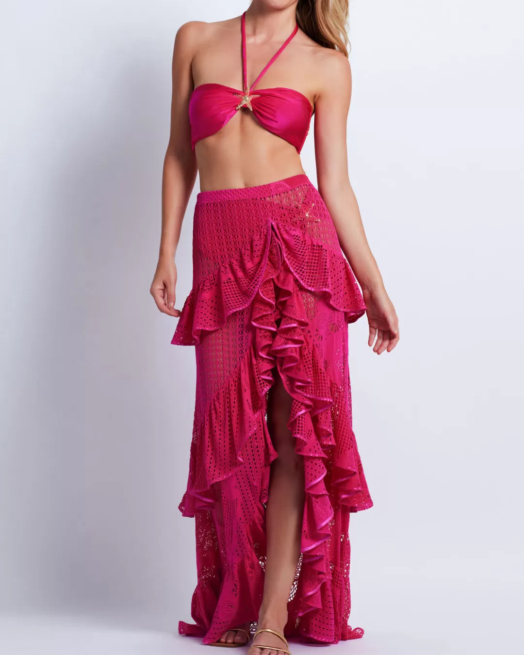 PatBO Ruffled Lace Beach Skirt Cerise Online