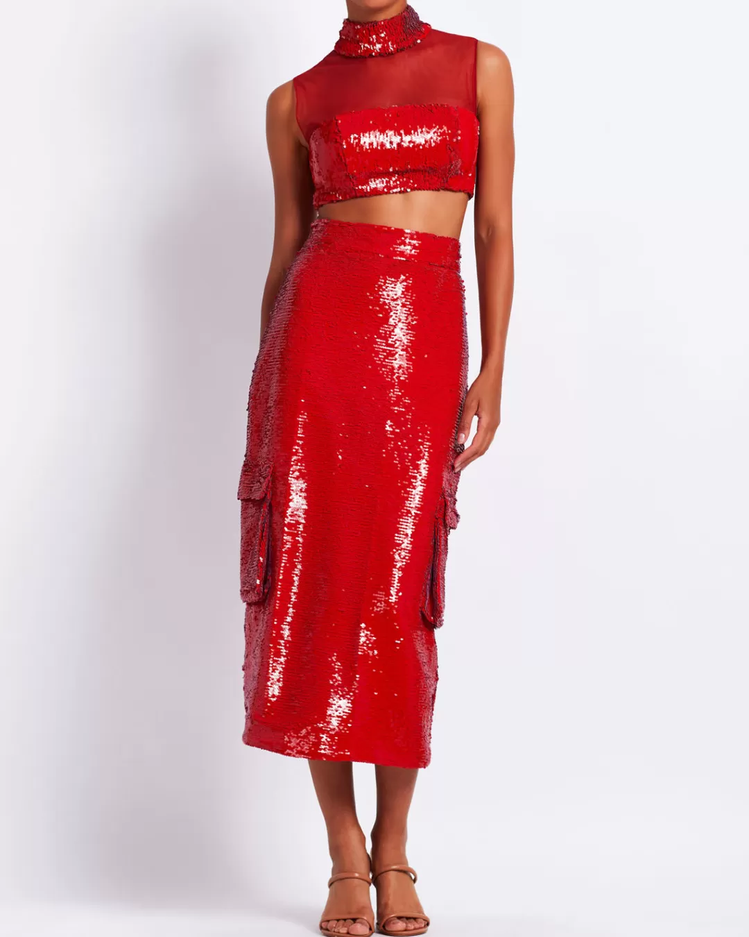 PatBO Sequin Cargo Midi Skirt (FINAL SALE) Poppy Hot