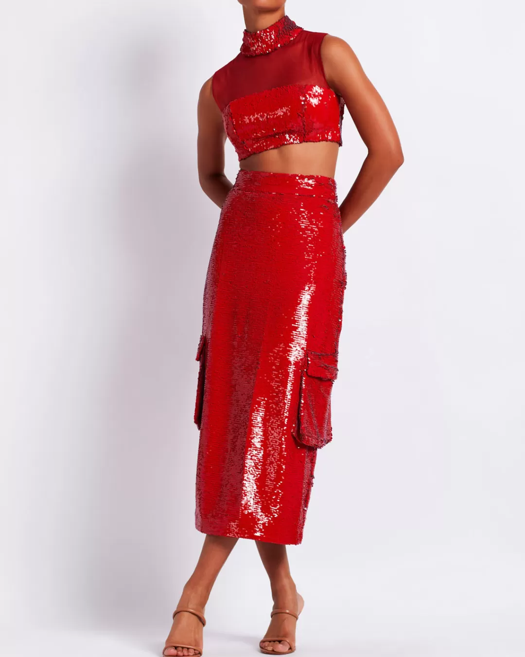 PatBO Sequin Cargo Midi Skirt (FINAL SALE) Poppy Hot