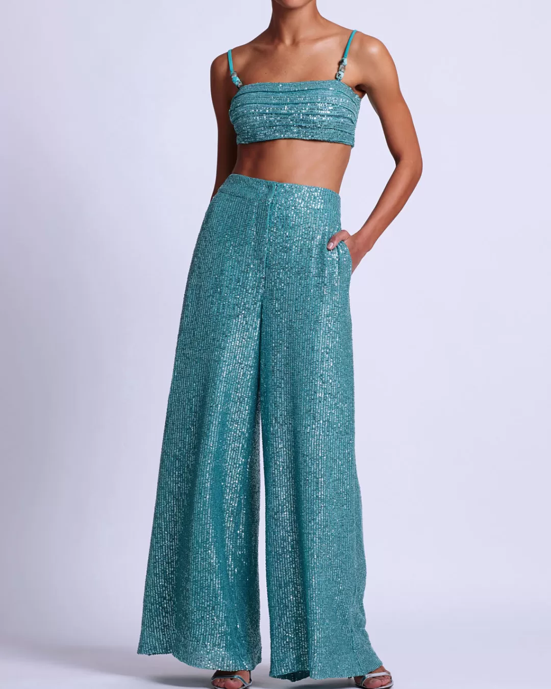 PatBO Sequin Cropped Top (FINAL SALE) Aqua Online