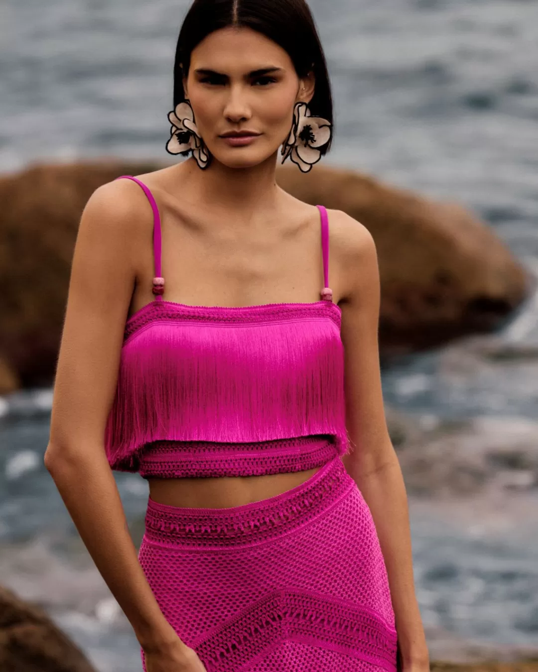 PatBO SLEEVELESS FRINGE CROPPED TOP Cerise New