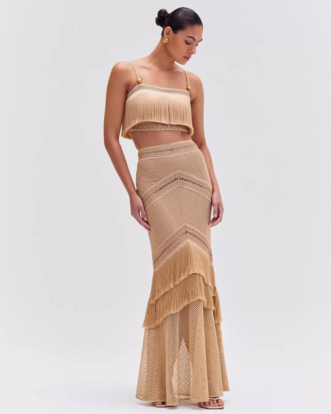 PatBO SLEEVELESS FRINGE CROPPED TOP Gold Shop