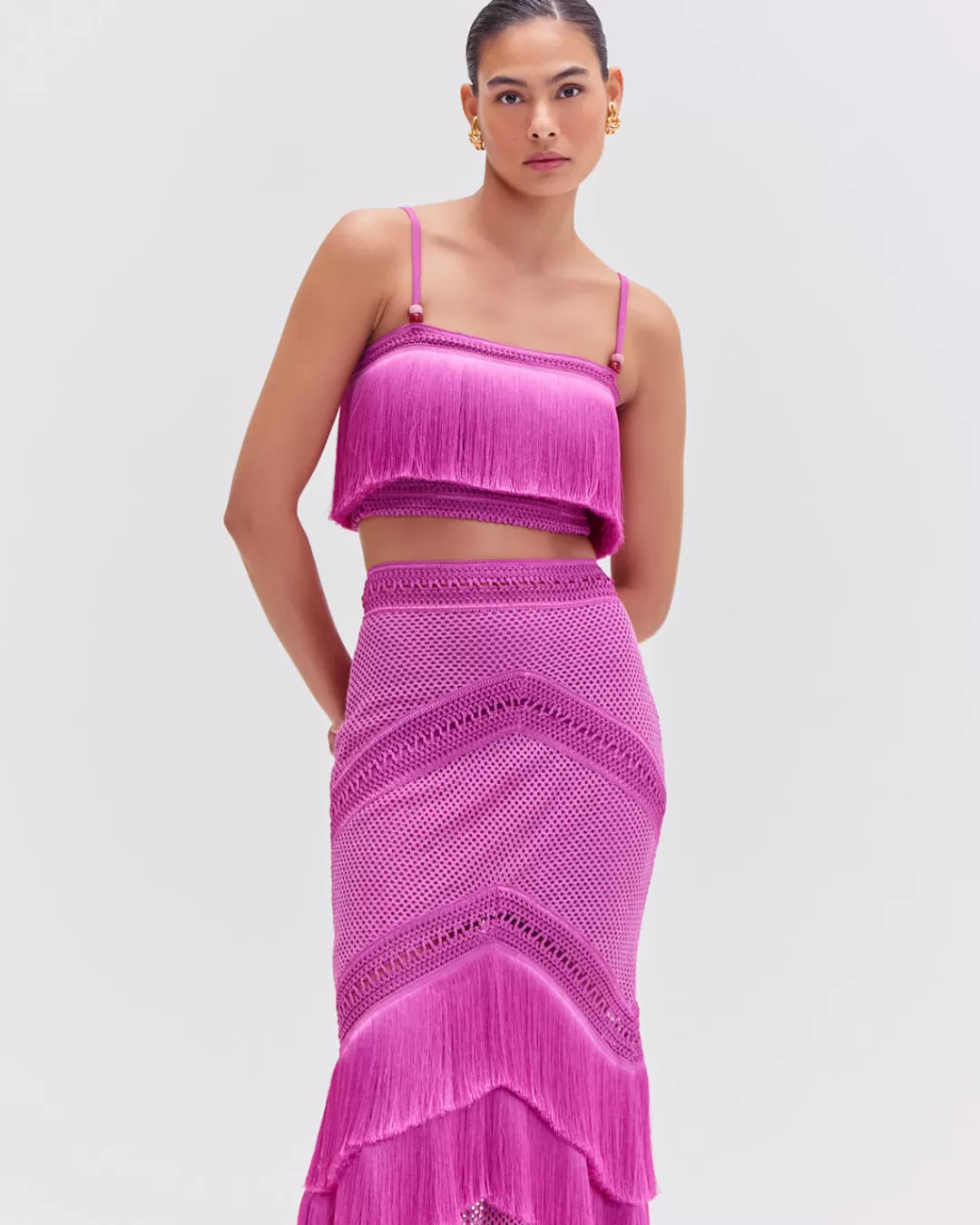 PatBO SLEEVELESS FRINGE CROPPED TOP Cerise New