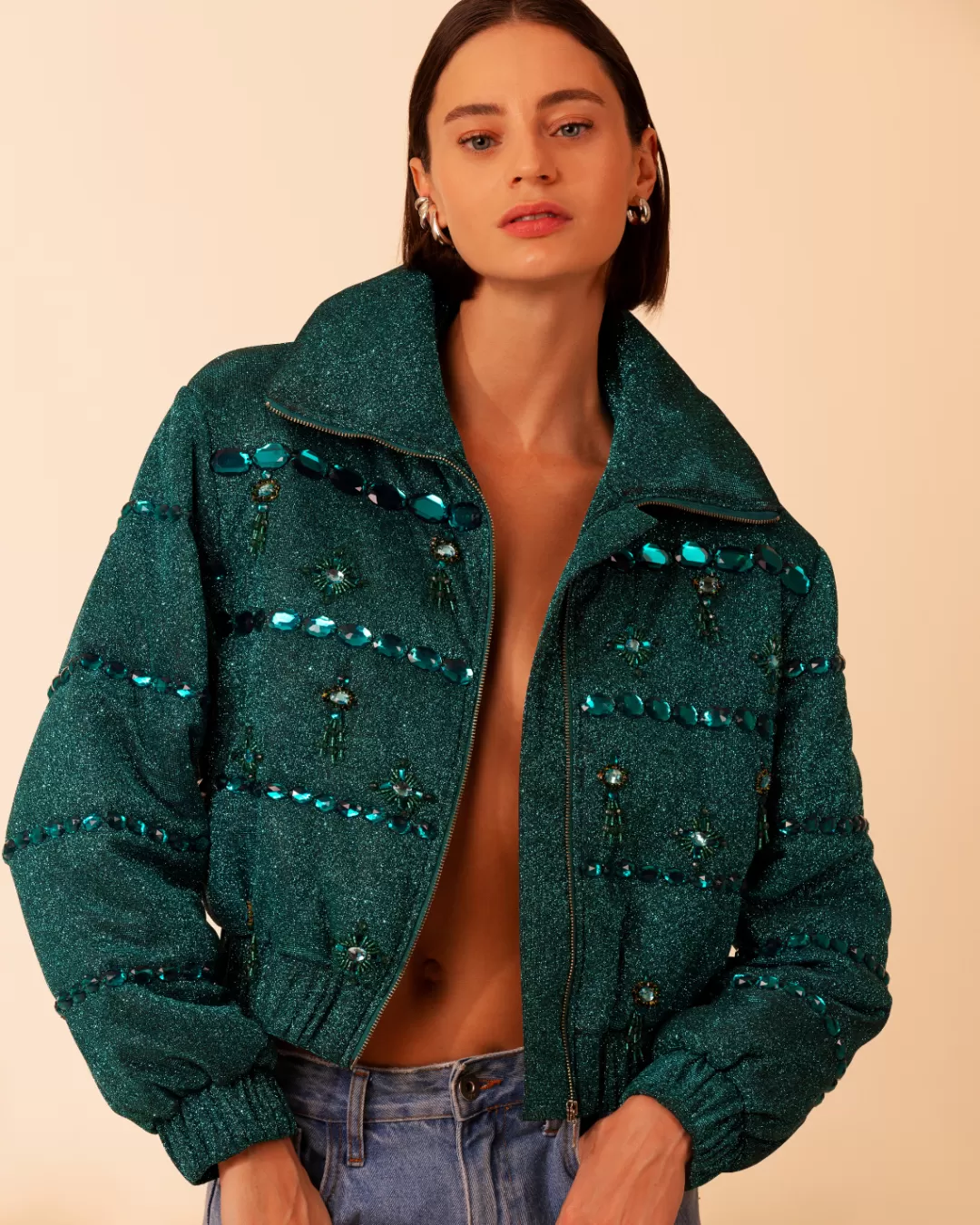 PatBO Stardust Beaded Bomber Azure Fashion