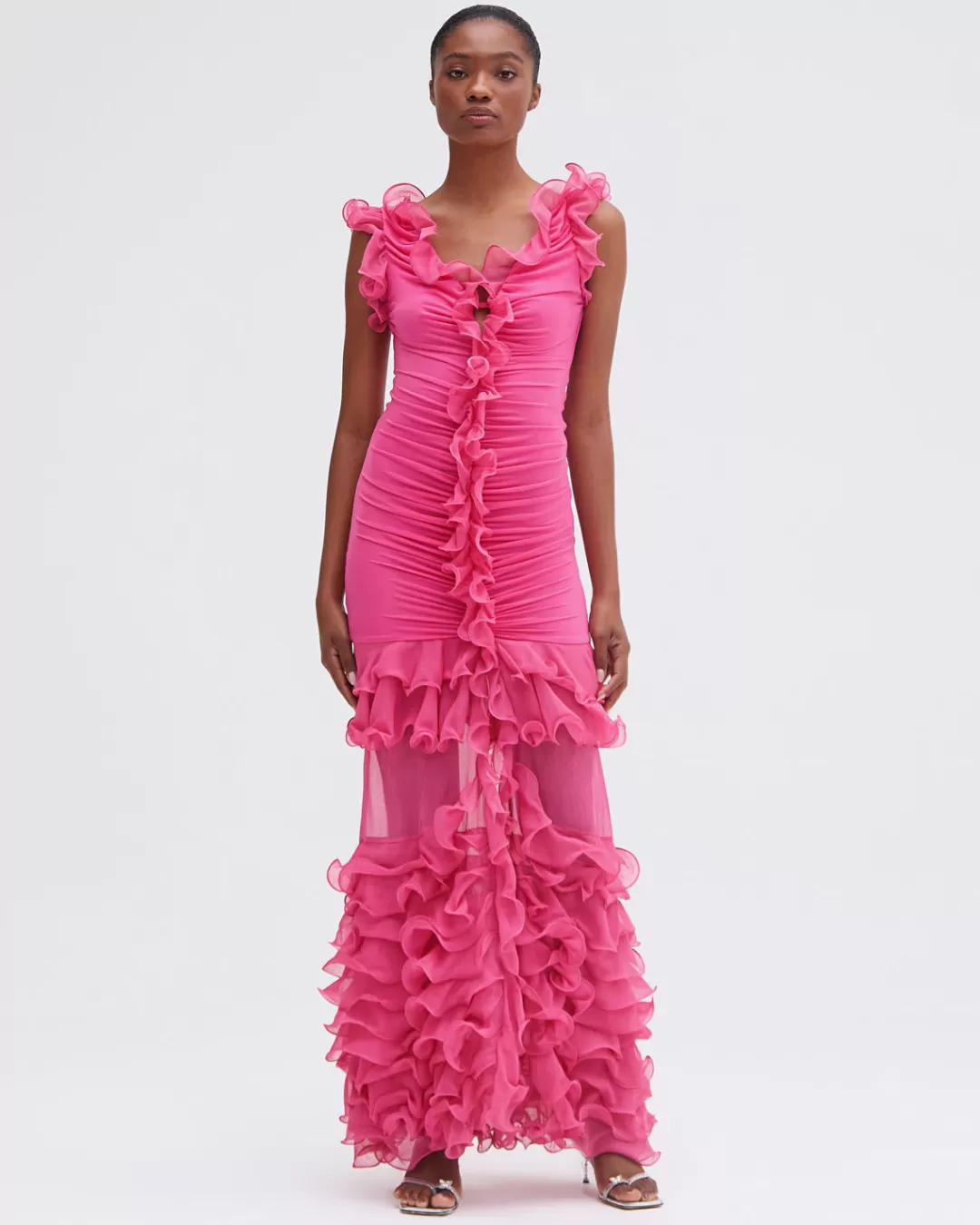 PatBO Stretch Tulle Maxi Dress Flamingo Clearance