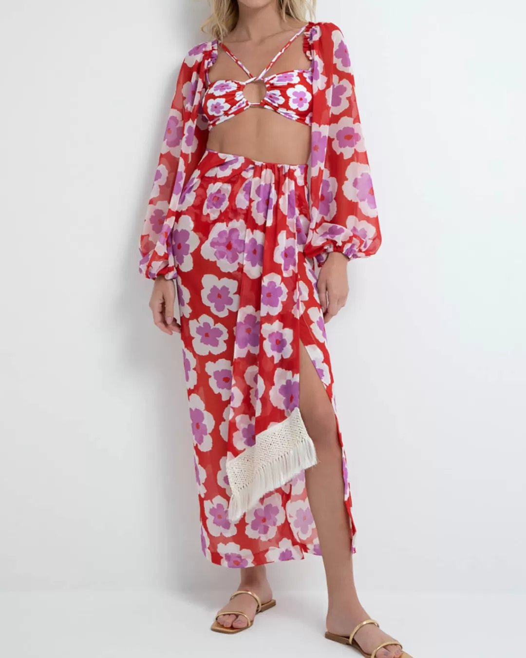 PatBO WINDFLOWER LONG SLEEVE CROPPED TOP (FINAL SALE) Cherry Flash Sale