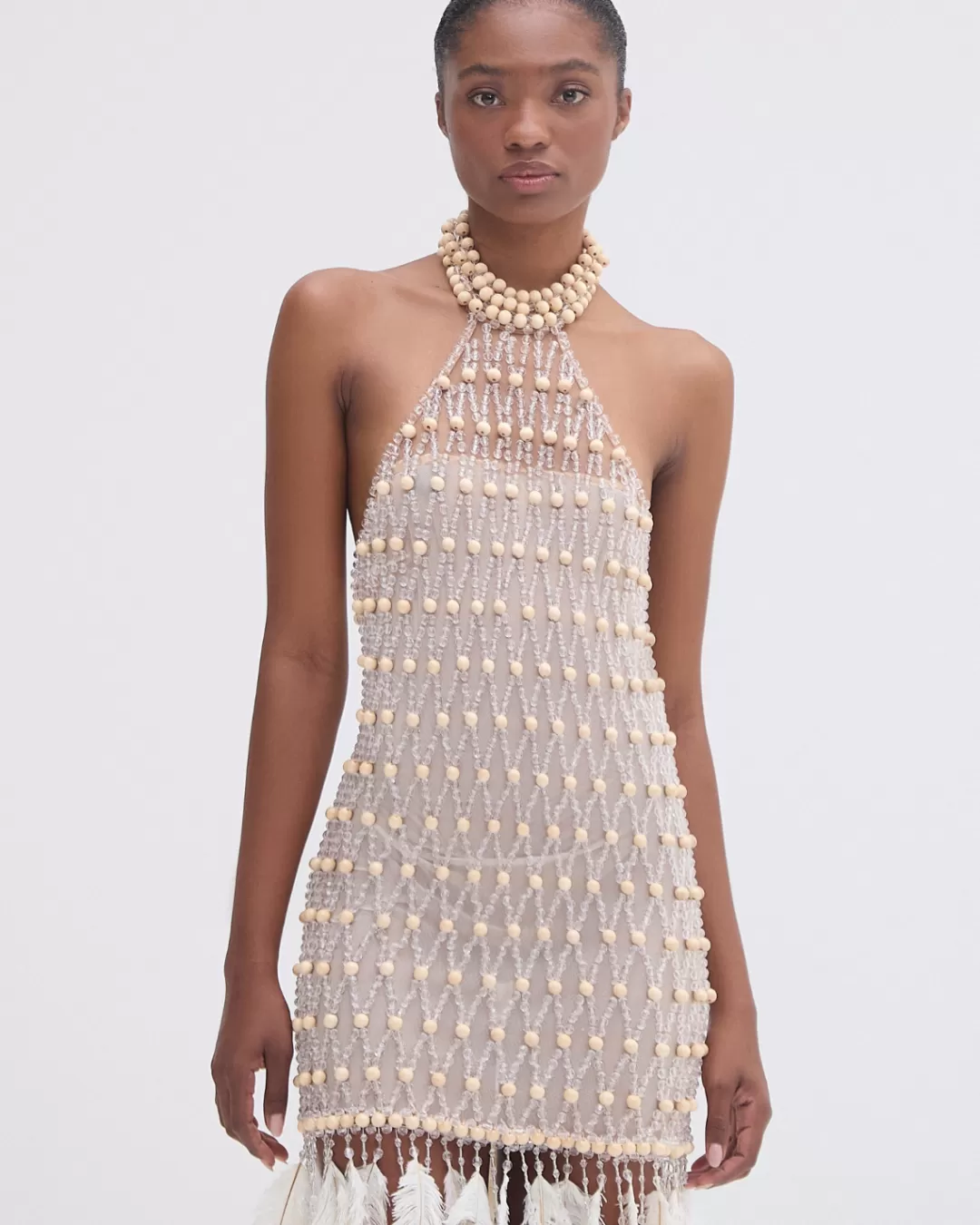 PatBO Wood and Crystal Beaded High Neck Mini Dress (RUNWAY) Natural New