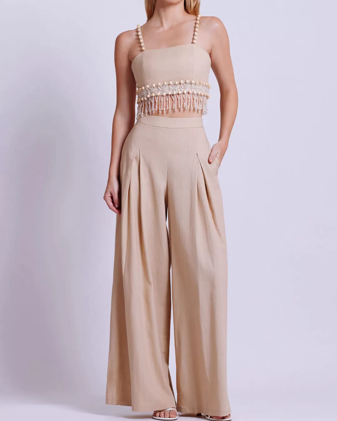PatBO Wood and Crystal Beaded Linen Top Sand Online