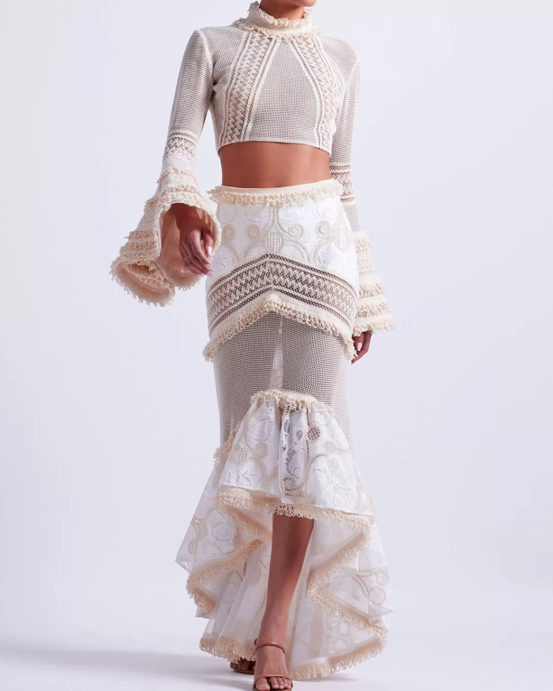 PatBO Woven Bell Sleeve Cropped Top Wheat Online