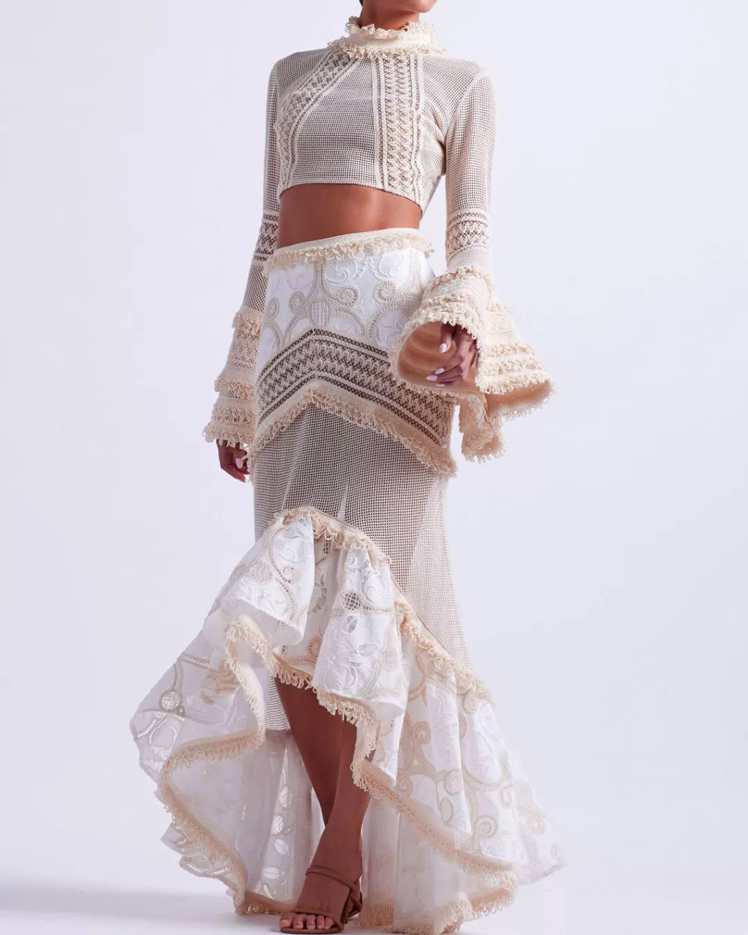 PatBO Woven Bell Sleeve Cropped Top Wheat Online